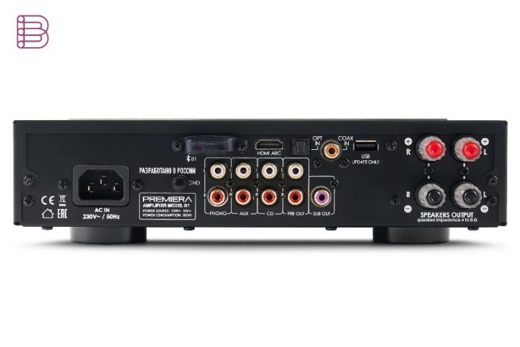 Premiera D1 BK rear panel with phono, HDMI ARC, USB and digital inputs
