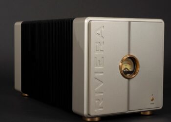 Riviera AFM100SE gold-finish monophonic power amplifier, angled studio shot