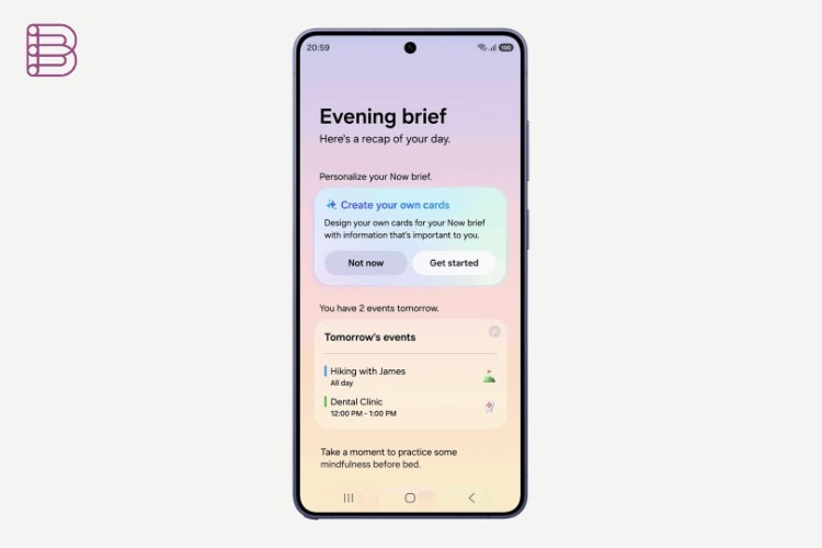 Samsung One UI 9 Now Brief AI-generated morning briefing on a Galaxy S26