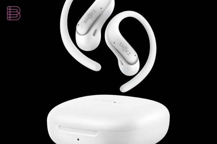 Shokz OpenFit Air 2 earbuds and charging case in white