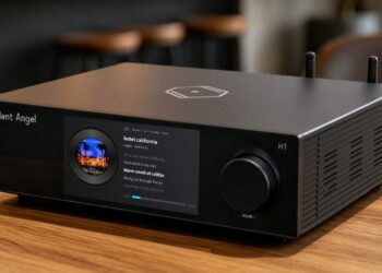 Silent Angel H1 Pure Music Hub on a wooden table in a lounge setting