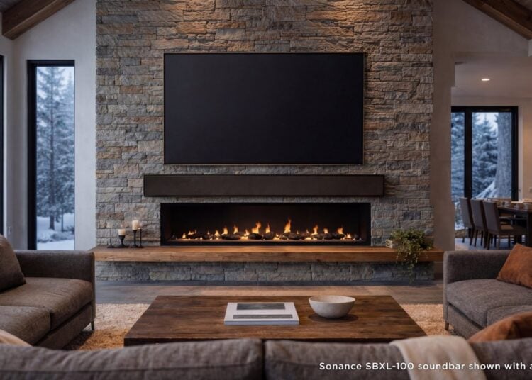 Sonance SBXL-100 soundbar mounted beneath a large TV above a stone fireplace