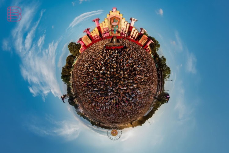 Sony SEL814G fisheye lens little planet photo of a festival crowd