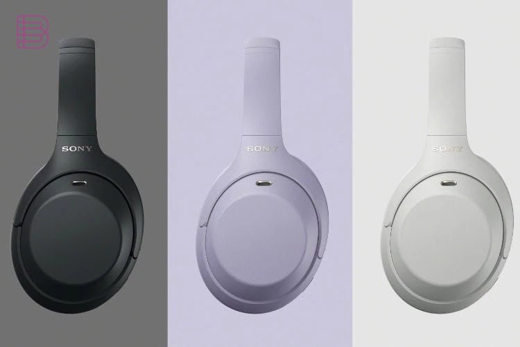 Sony WH-1000XM4C headphones shown in Black, Lavender and Platinum Silver finishes
