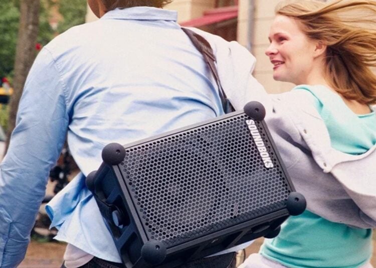 Soundboks Rider portable party speaker carried on a bicycle