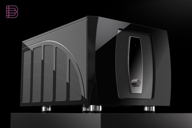 Dramatic side view of the TIDAL x Bugatti MA1 monoblock power amplifier