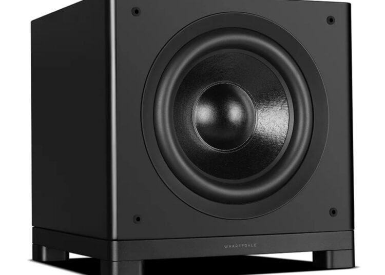 Wharfedale NOVA 12 subwoofer, three-quarter angle with grille removed