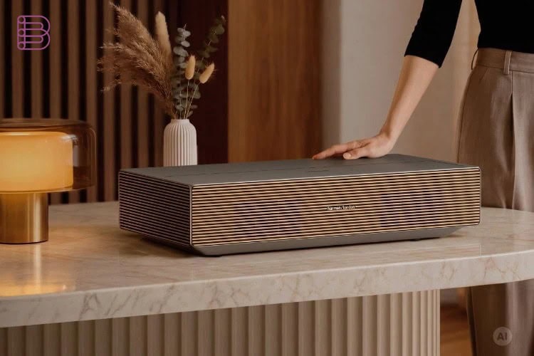 XGIMI Aura 3 Max laser TV projector in a warm living room