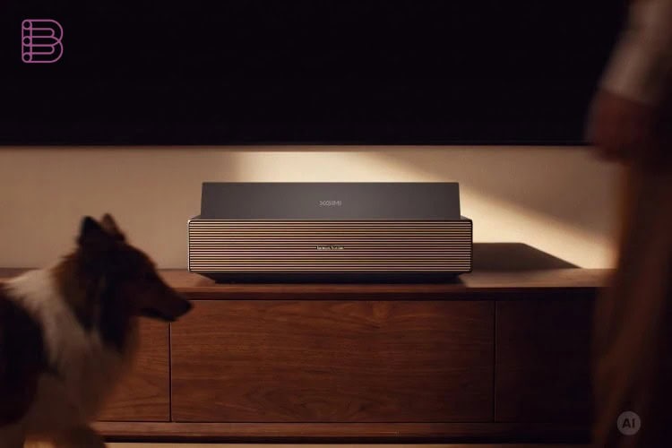 XGIMI Aura 3 Max ultra short throw projector under a screen in a dark room