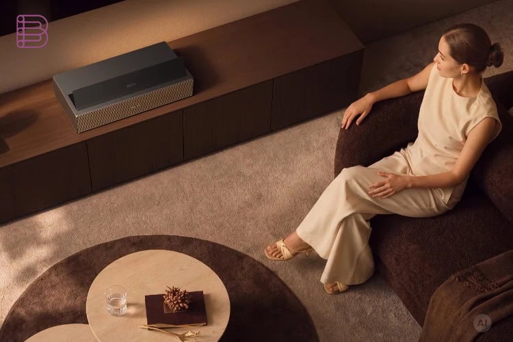 XGIMI Aura 3 Max laser TV projector displayed as a centerpiece beside a sofa