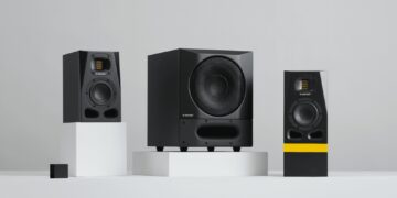 ADAM Audio Sub8 PRO subwoofer shown with A Series studio monitors