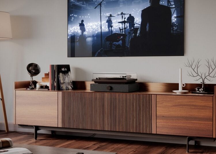 Andover Audio SpinBase 2 turntable speaker in a living room setting