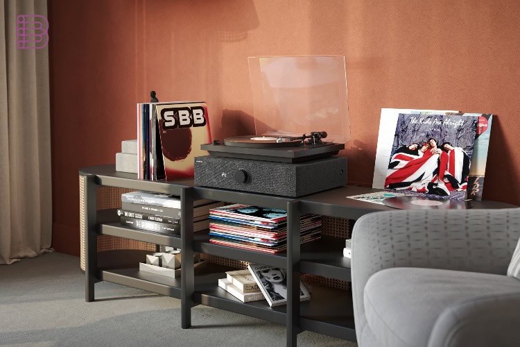 Andover Audio SpinBase MAX 2 turntable speaker in a living room with vinyl records