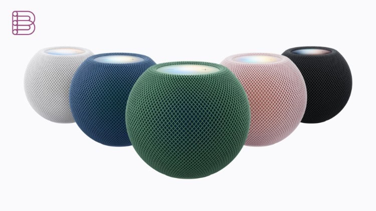 The new HomePod mini displayed in white, blue, green, pink, and midnight