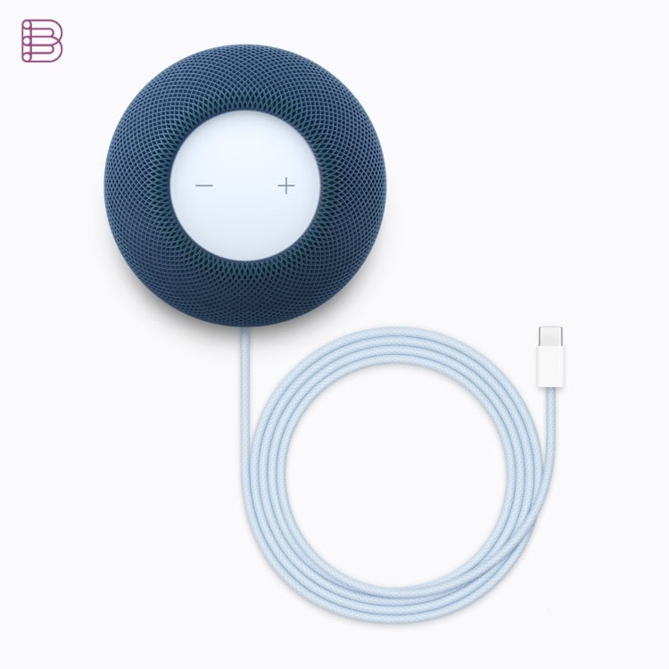 HomePod mini 2 in blue shown with its USB-C power cable