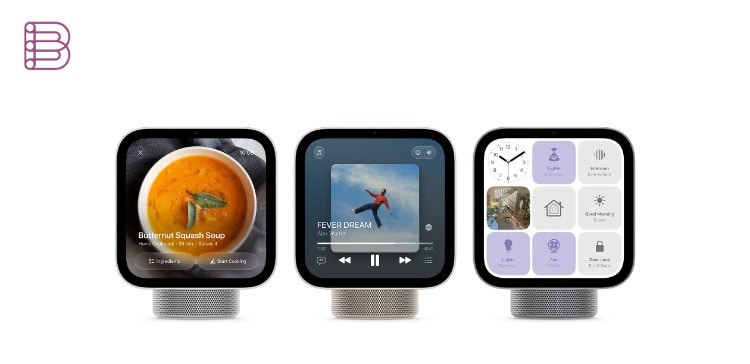 Three Apple HomeView devices showing a recipe, a music player and a smart home control grid