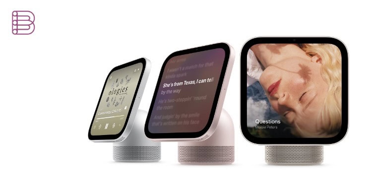 Three Apple HomeView smart displays in different colors playing music with Spatial Audio