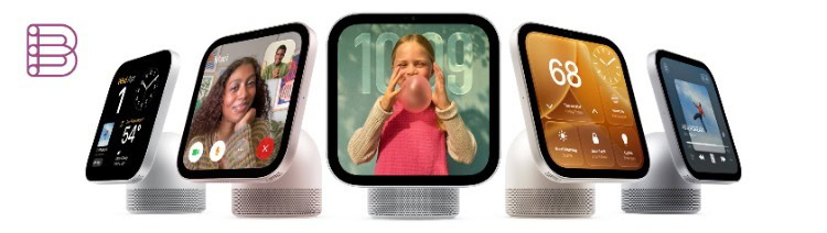 Five Apple HomeView devices in different finishes showing clock, FaceTime, Photos, Home and Music faces