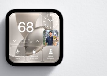 Apple HomeView wall-mounted smart home display showing a dashboard of lights, thermostat and door lock controls