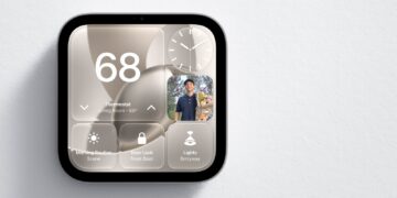 Apple HomeView wall-mounted smart home display showing a dashboard of lights, thermostat and door lock controls