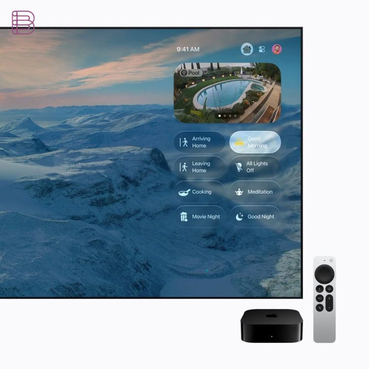 Apple TV 4K and Siri Remote with the Apple Home app smart home interface