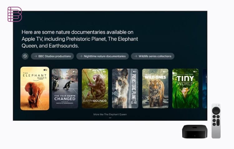 Apple TV 4K and Siri Remote displaying Siri AI documentary suggestions