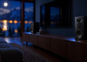 Arendal 1610 Black Edition bookshelf speakers in a living room at night
