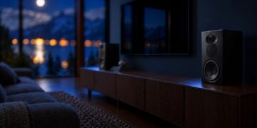 Arendal 1610 Black Edition bookshelf speakers in a living room at night