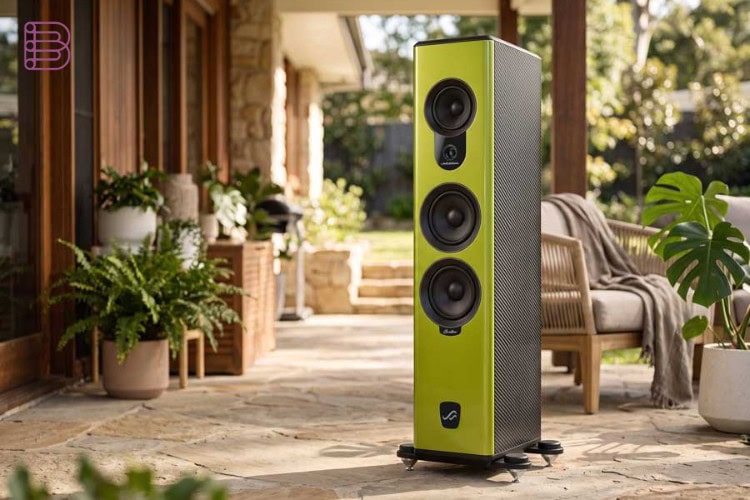 AudioSolutions Overture G4 floorstanding loudspeaker in lime green on an outdoor patio