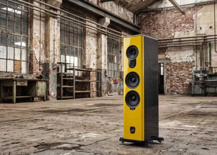 AudioSolutions Overture G4 floorstanding loudspeaker in an industrial loft setting