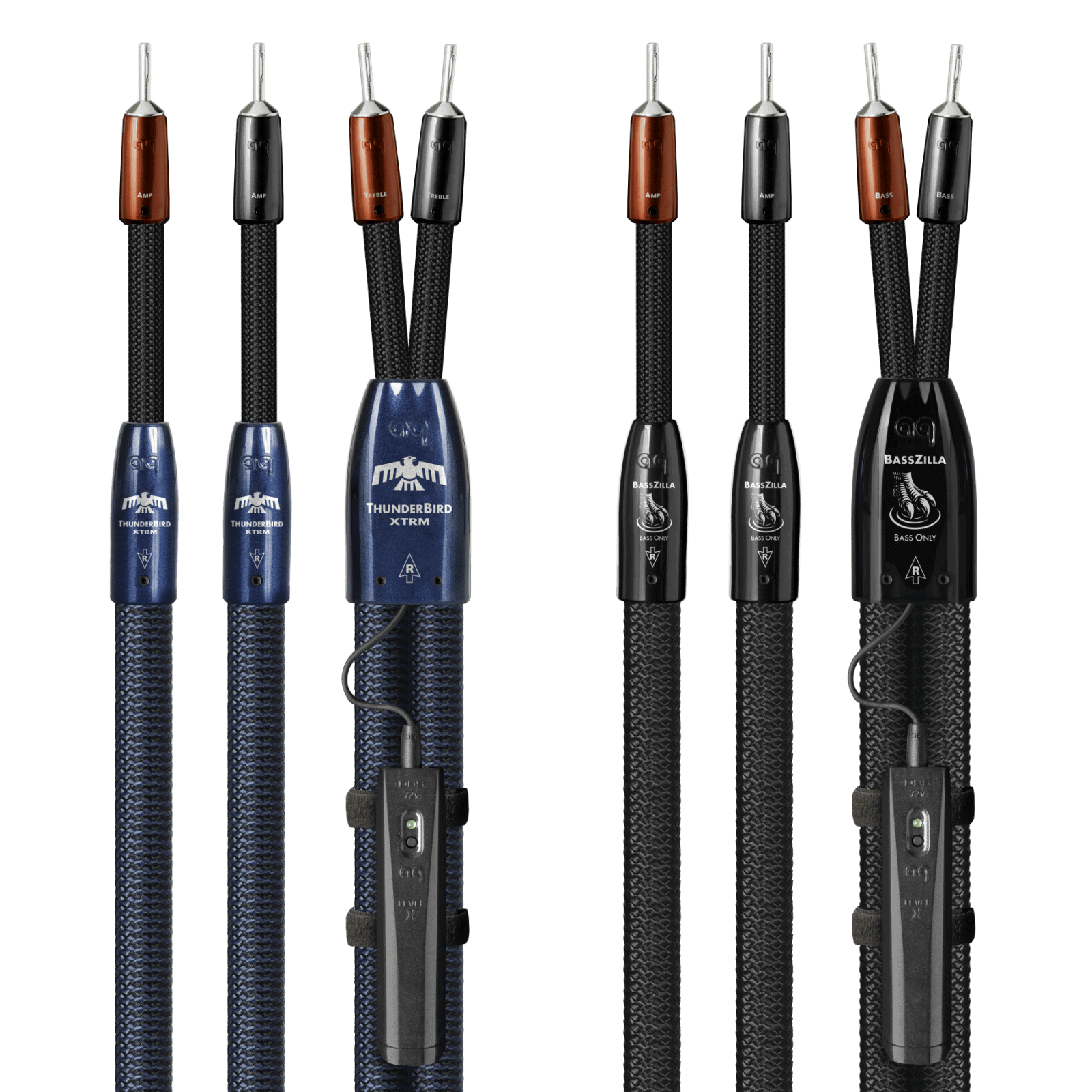 AudioQuest ThunderBird XTRM and BassZilla single-to-bi-wire speaker cable set with separate treble and bass spade connectors