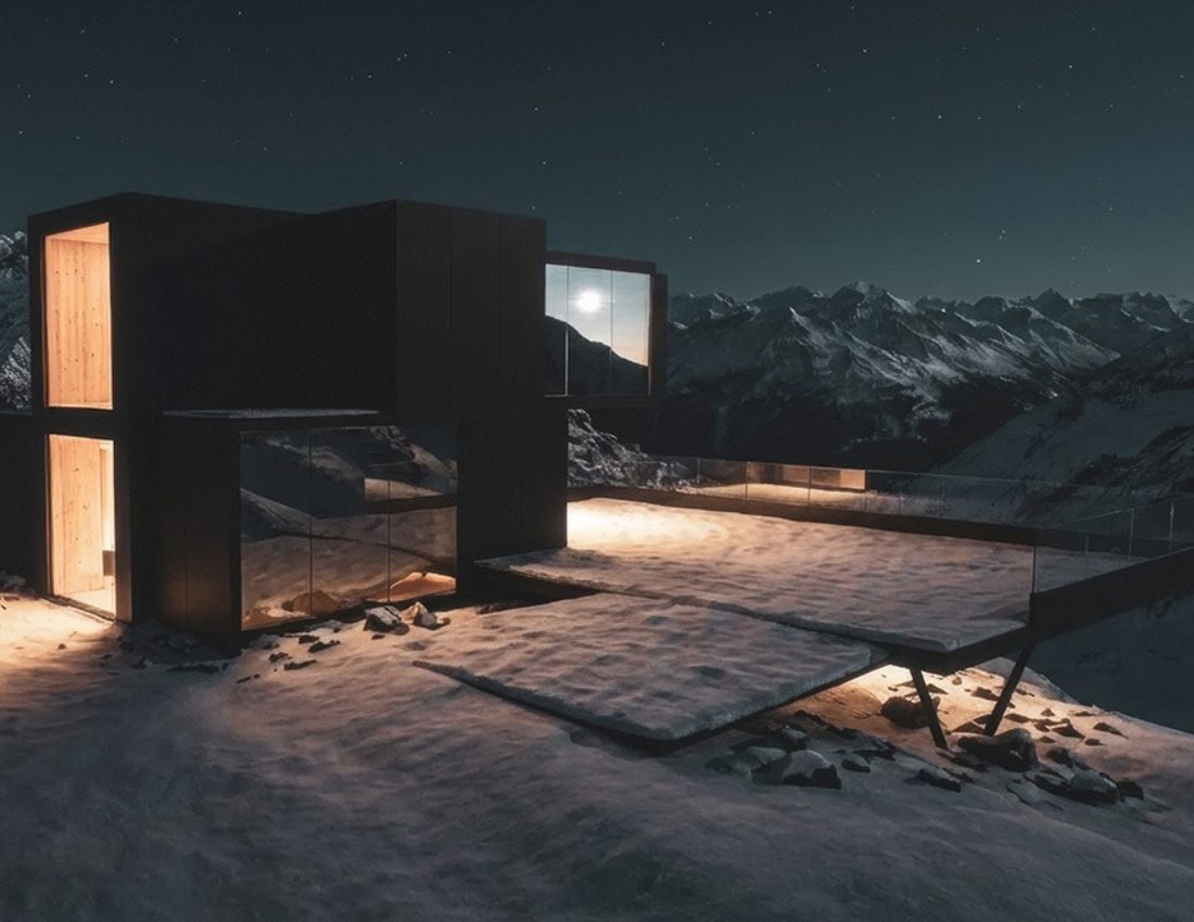 Beyerdynamic Infinity Studio glass-walled volume and terrace with a moon-facing window above Sölden