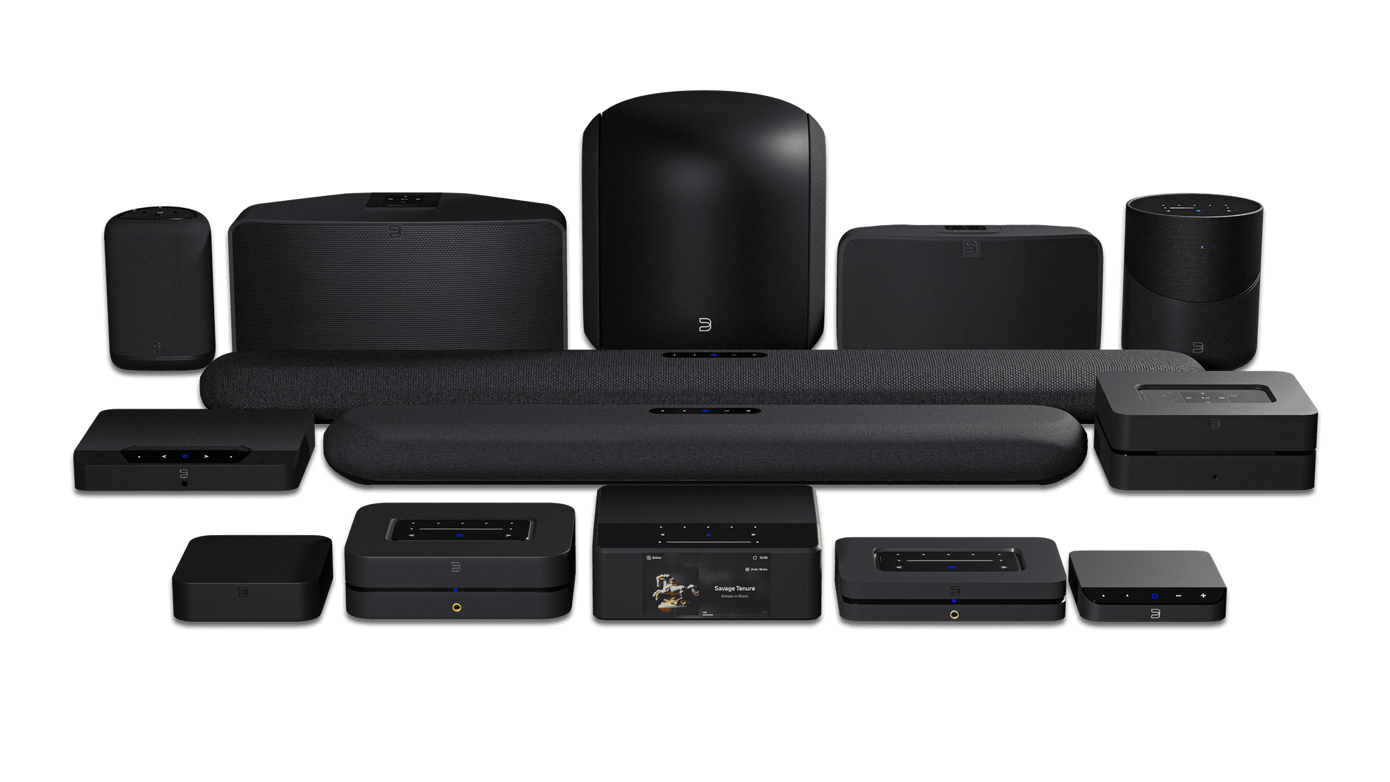 Bluesound Apple Music on BluOS, full line-up of wireless speakers, stereo components and soundbars in black