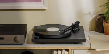 Cambridge Audio Spira turntable in black on a shelf