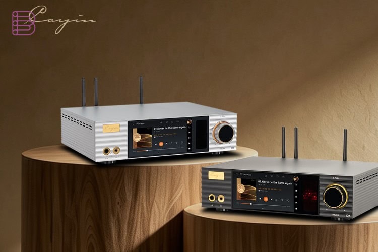Two Cayin ID6 streamer DAC and headphone amplifier units on display stands