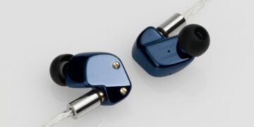 Final A8000 DC in-ear monitors in glossy blue with gold screws, black ear tips and braided silver cables