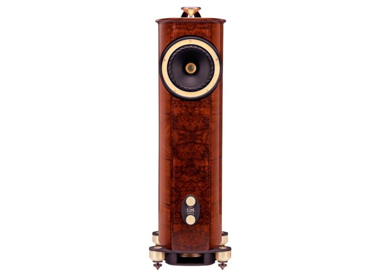 De Fyne Audio F1-10 Anniversary luidspreker, volledig toestel, frontaanzicht in Piano Gloss Walnut