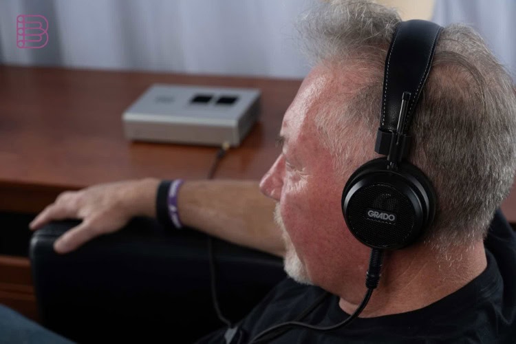 Grado Signature S150 headphones worn, side view