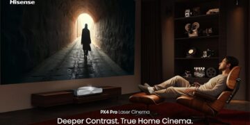 Hisense PX4 Pro TriChroma Laser Cinema projector in a home theatre setting