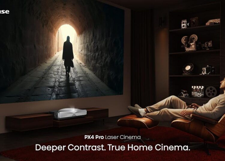 Hisense PX4 Pro TriChroma Laser Cinema projector in a home theatre setting