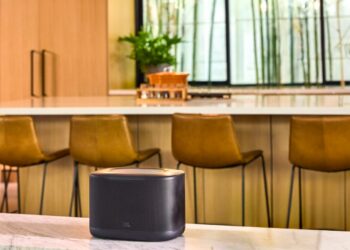 JBL multi-room system: JBL Cove X1 speaker in a lifestyle kitchen setting