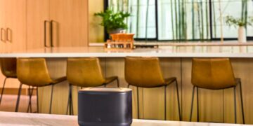 JBL multi-room system: JBL Cove X1 speaker in a lifestyle kitchen setting