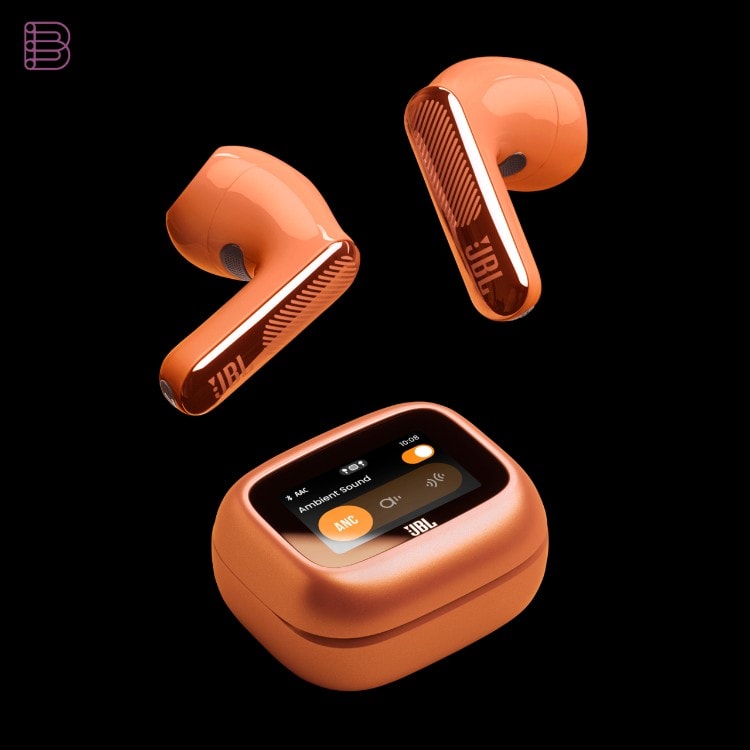 JBL Live Flex 4 earbuds and Smart Charging Case in orange