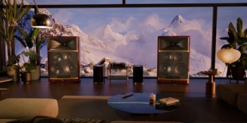 JBL Summit Everest flagship loudspeakers in a mountain-view living room