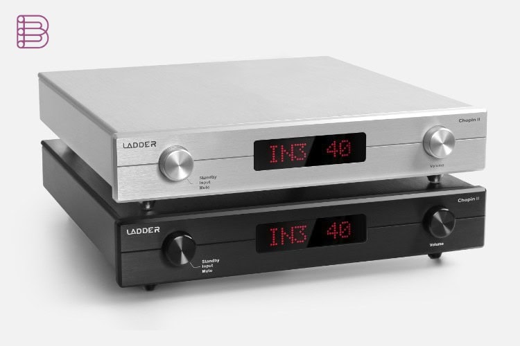 Ladder Chopin II preamplifier stacked in silver and black finishes