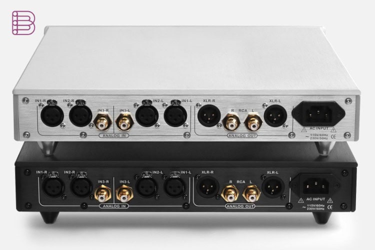 Ladder Chopin II preamplifier rear panels stacked in silver and black