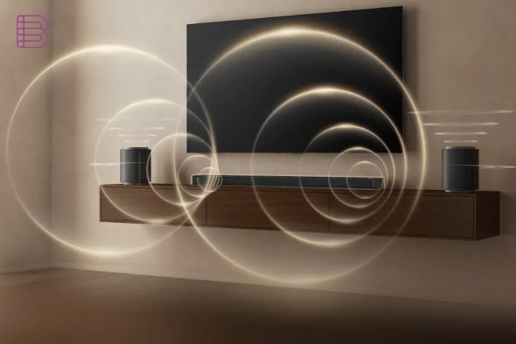 LG Sound Suite H7 soundbar with wireless satellite speakers in a living room