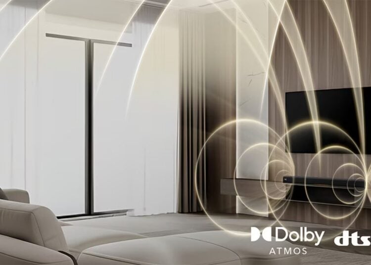 LG Sound Suite H7 soundbar system with Dolby Atmos and DTS:X in a living room