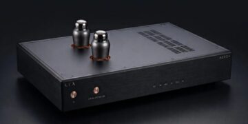 Linear Tube Audio Aero+ DAC with exposed tubes on a dark background