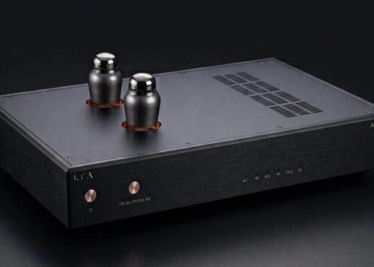Linear Tube Audio Aero+ DAC with exposed tubes on a dark background